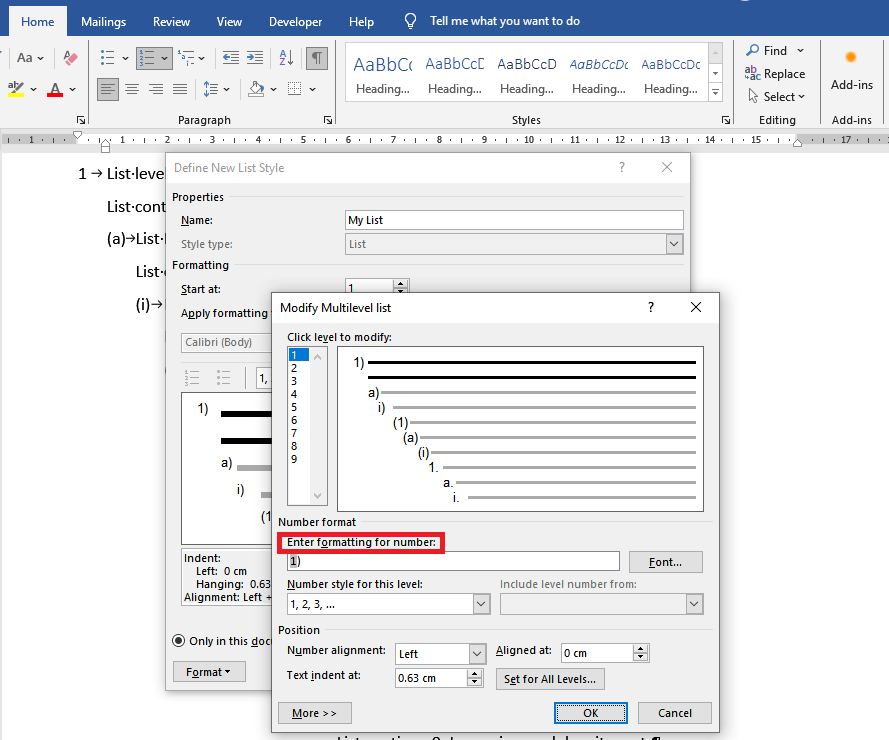 Define New List Style – Define numbering options