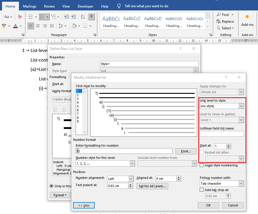 Define New List Style - Link level to paragraph style