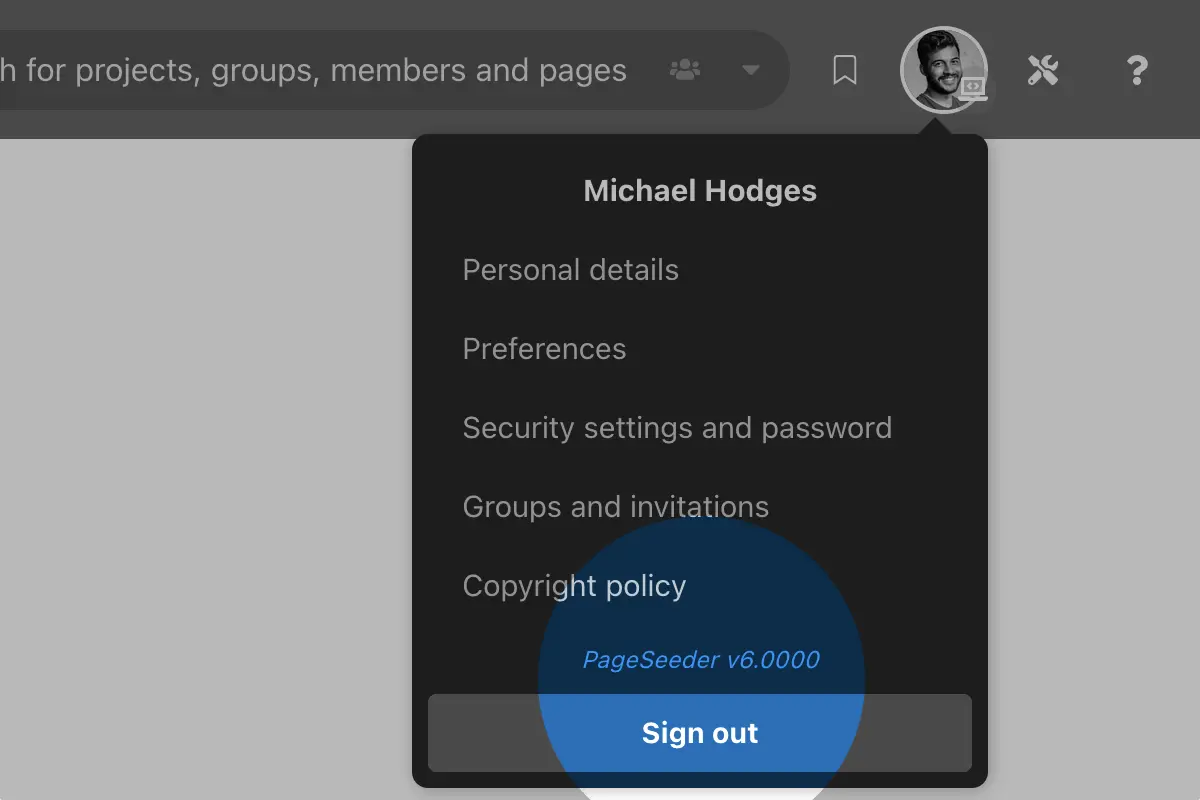 Account menu – PageSeeder version