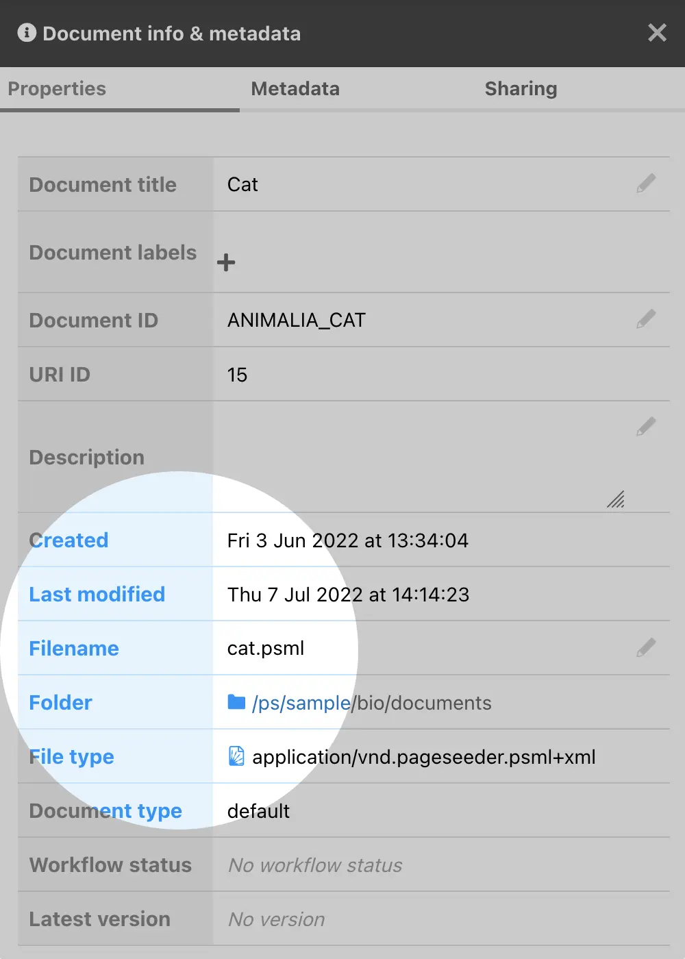 Document info panel – Filename