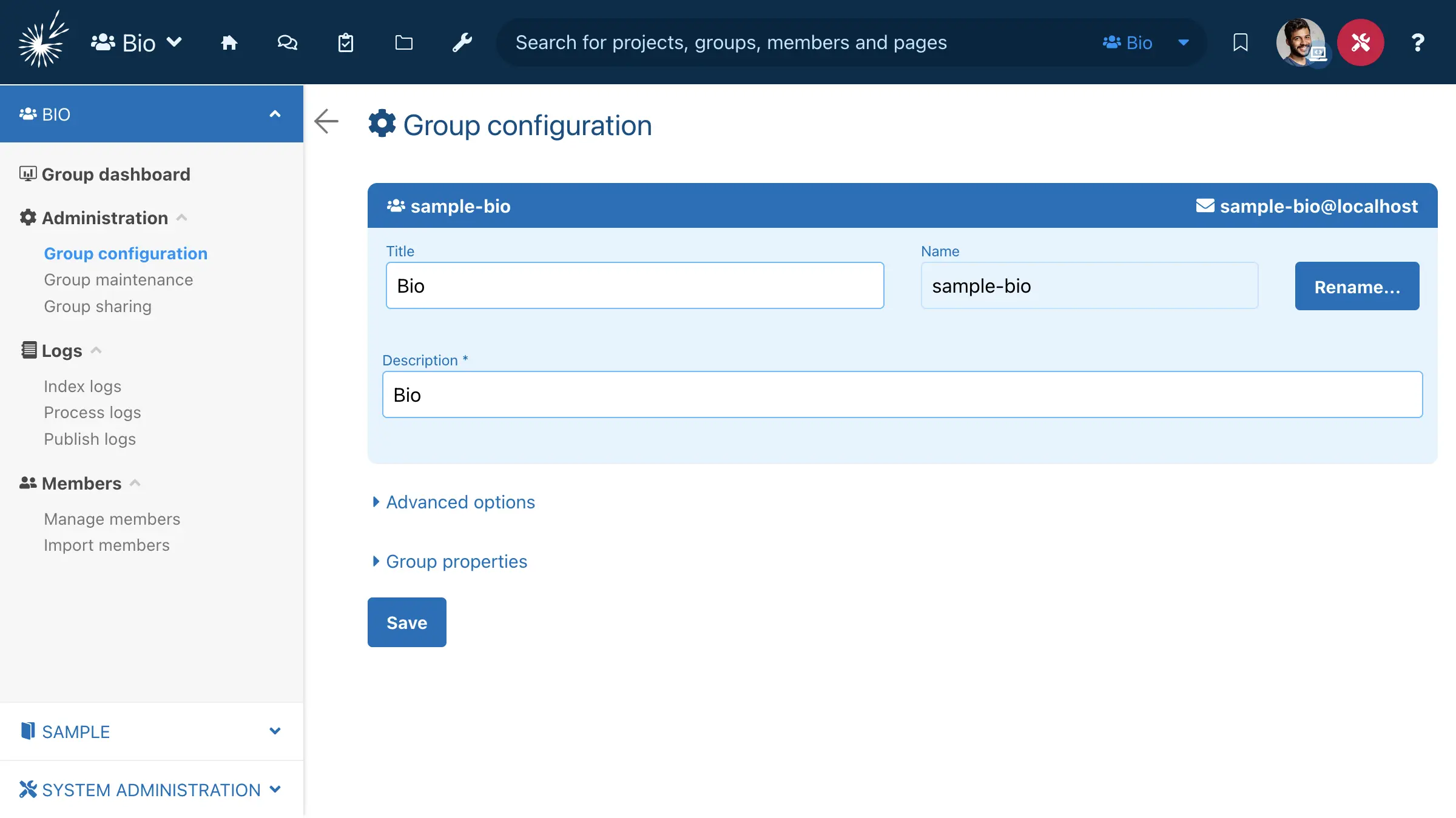 Group configuration page