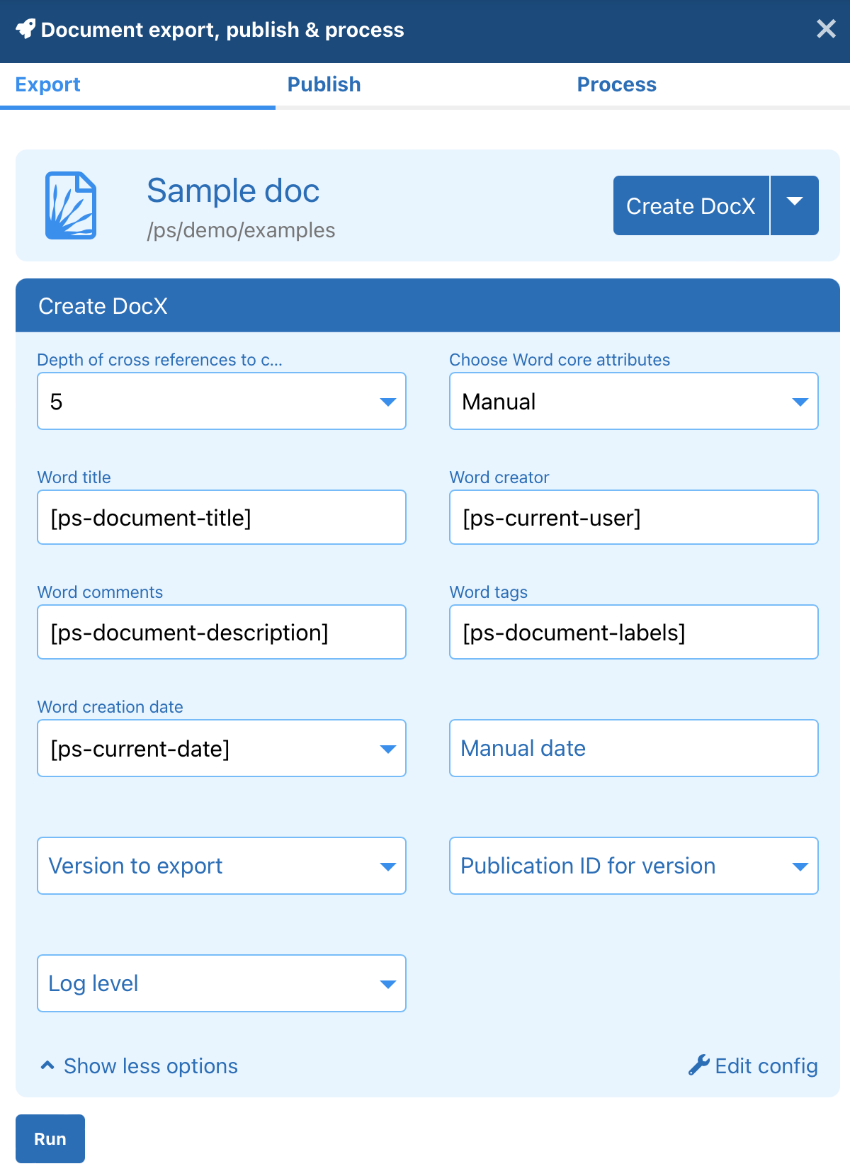 Document export panel – Create docx options