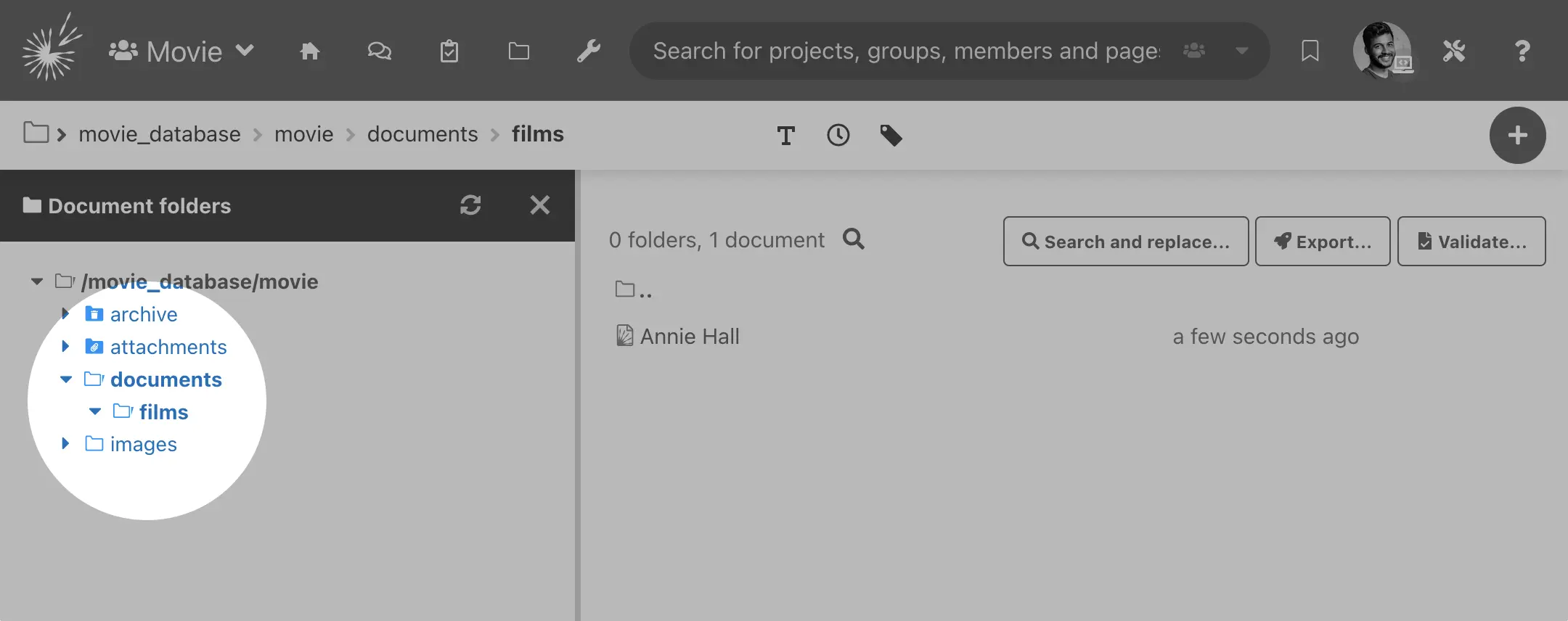 Folders page – Document created in specific location