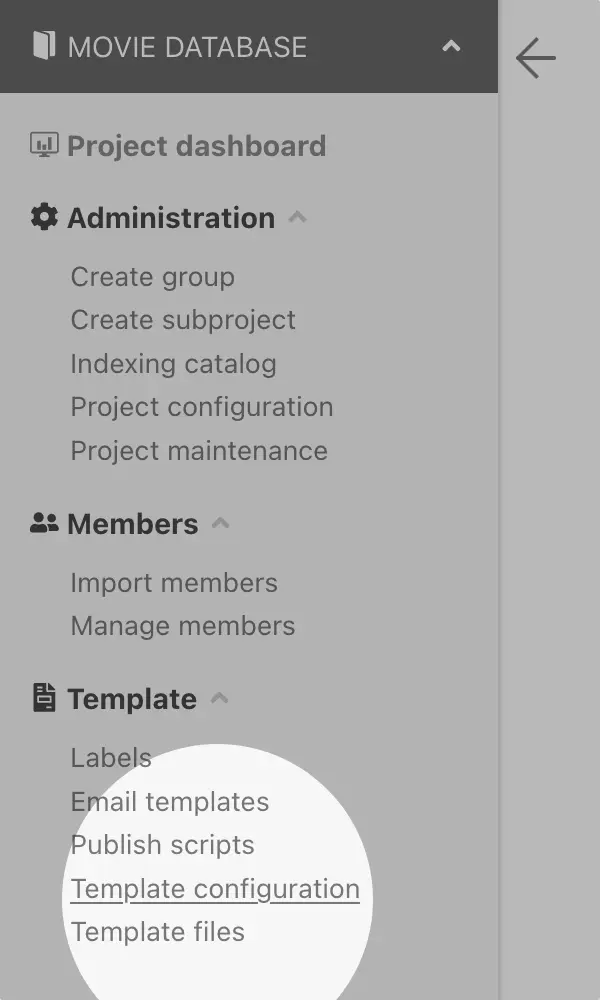 Project menu – Template configuration