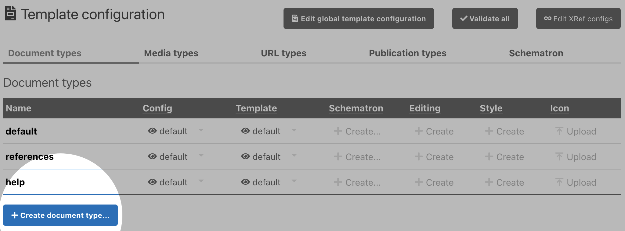 Template configuration page – Create document type