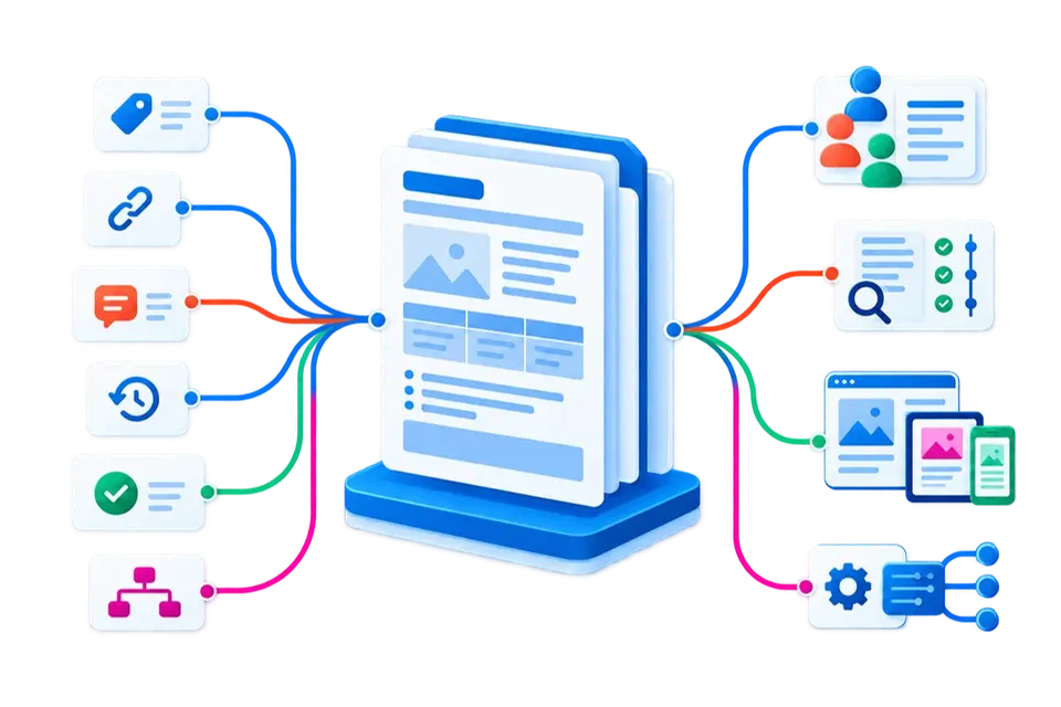 Structured content connected to metadata, links, comments and revisions, with outputs to collaboration, review, publishing and APIs.
